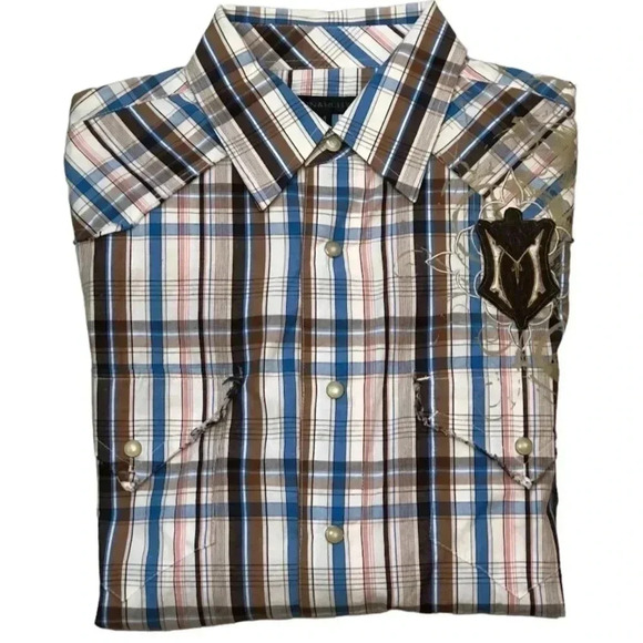 NWT Monarchy Brown Blue Plaid Men’s Long Sleeve Pearl Snap Front Shirt (M) - Picture 1 of 9